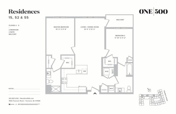 B1 2 Bed 2 Bath Floor Plan at One500, Teaneck, New Jersey