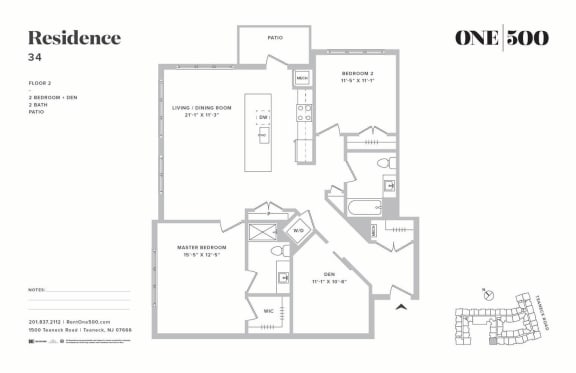 B2-d 2 Bed 2 Bath Floor Plan at One500, New Jersey, 07666