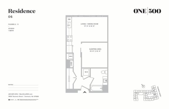 Studio Floor Plan at One500, Teaneck, NJ, 07666