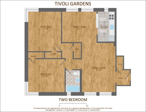 Two bedroom floor plan 900 sqft at Tivoli Gardens, Washington