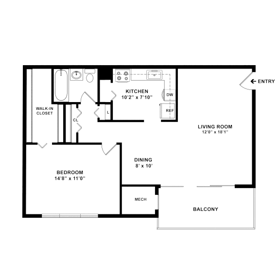 1 Bed 1 Bath Floor Plan at Cheverly Station, Cheverly, 20785