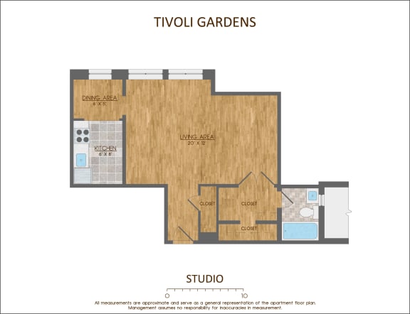 Studio Apartment Floor Plan 490 Sqft at Tivoli Gardens, Washington, DC