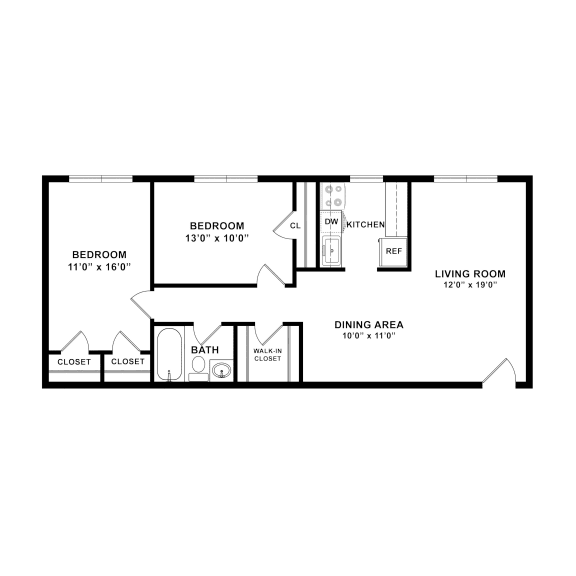 2 Bedroom 1 Bath Floor Plan at Overlook Apartments, Hyattsville, 20782