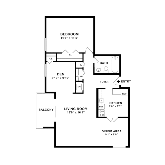 one bedroom and den floorplan