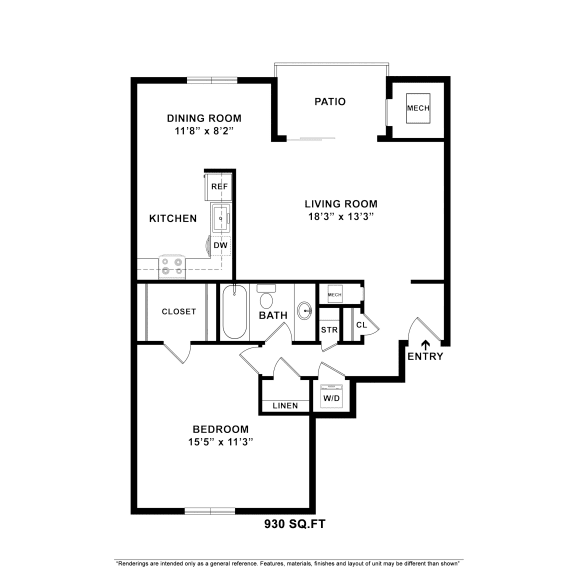 1 bedroom floor plan at Versailles apartments in Towson, MD