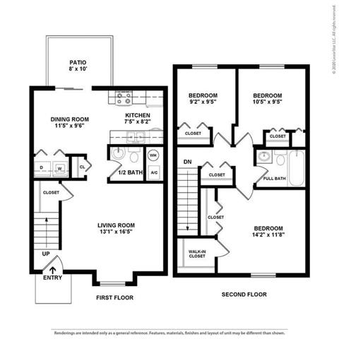 3 Bedroom 1.5 Bath Floor Plan at Brookfield Park, Conyers, GA, 30012