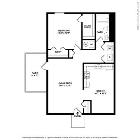 1 Bedroom 1 Bath Floor Plan at Brookfield Park, Conyers, 30012