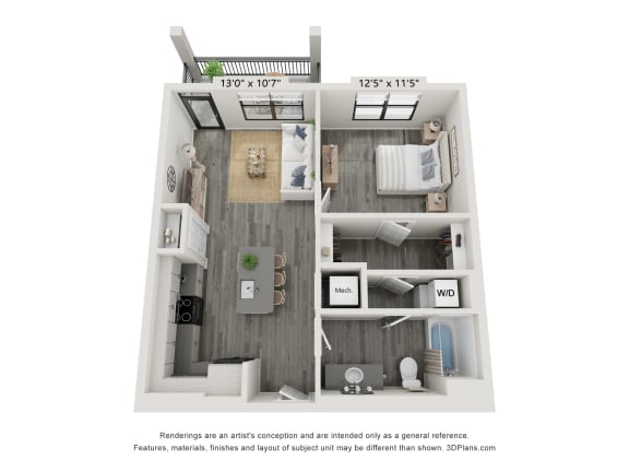 1 bedroom 1 bathroom floor plan A at The Cannon Apartments, Tennessee, 37130