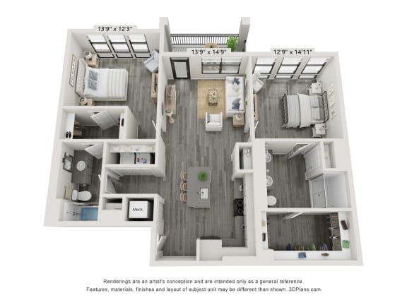 2 bedroom 2 bathroom floor plan at The Cannon Apartments, Tennessee, 37130