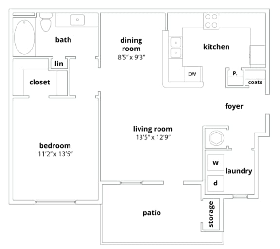 A1 Floorplan 805 sq ft at Walden Oaks Apts in Anderson, SC 29625