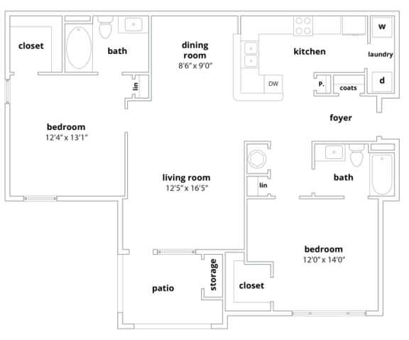B1 Floorplan 1097 sq ft at Walden Oaks Apts in Anderson, SC 29625