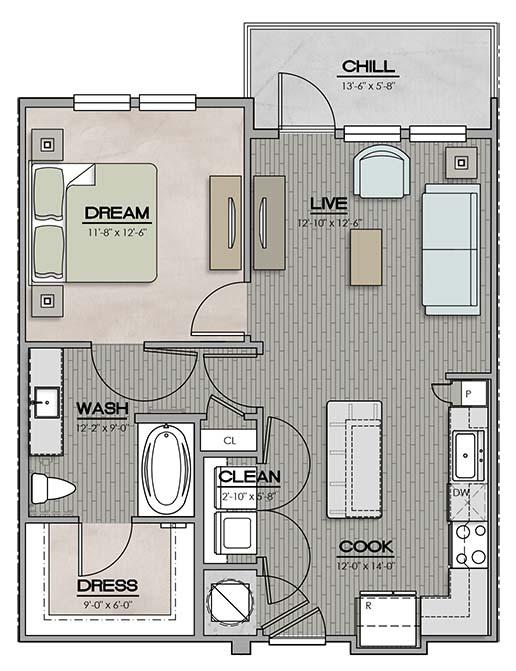 1 Bedroom 1 Bath Floor Plan at The Jamestown Apartment Flats, Richmond, VA, 23224