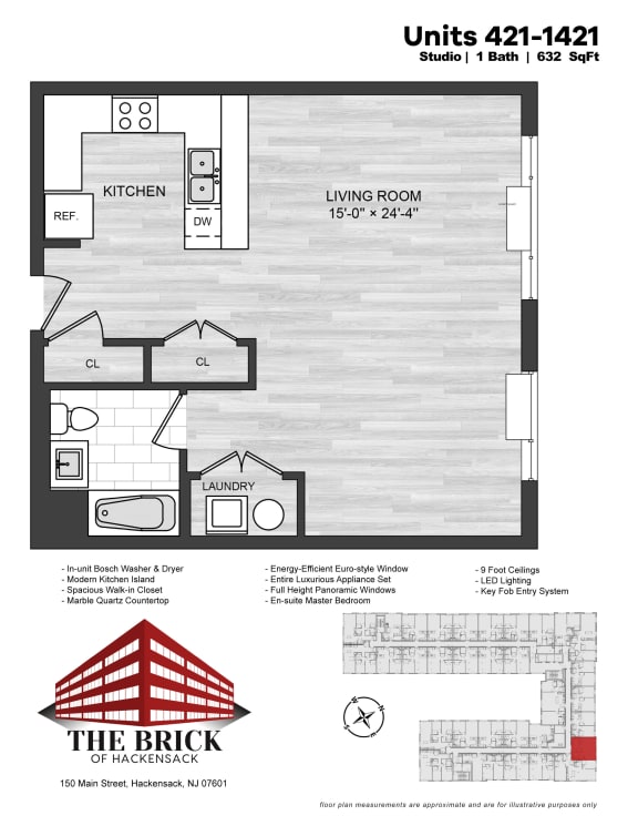 Studio 632sqft Floor Plan at The Brick of Hackensack, Hackensack, 07601