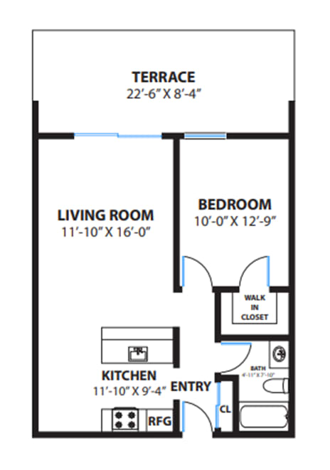 One Bedroom Floor Plan with 600 Sq. Ft. at The Morgan, Lafayette, CA