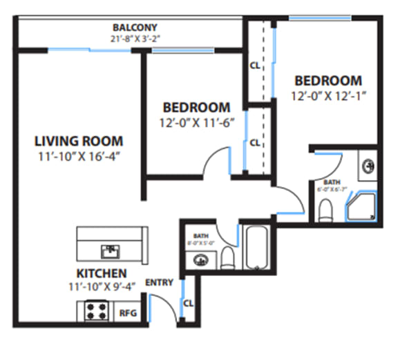 Two Bedroom Floor Plan with 840 Sq. Ft. at The Morgan, Lafayette, 94549