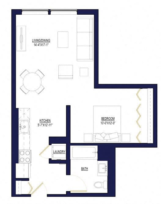 1 Bedroom B Floor Plan at Noca Blu, Chicago, 60647