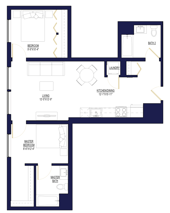 Floor Plan  2 Bedroom H Floor Plan at Noca Blu, Chicago, IL, 60647