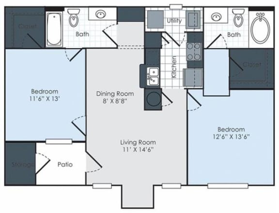 Floor Plan  2 Bed 2 Bath Floor Plan at Waterford Place Apartments, Memphis, TN, 38125