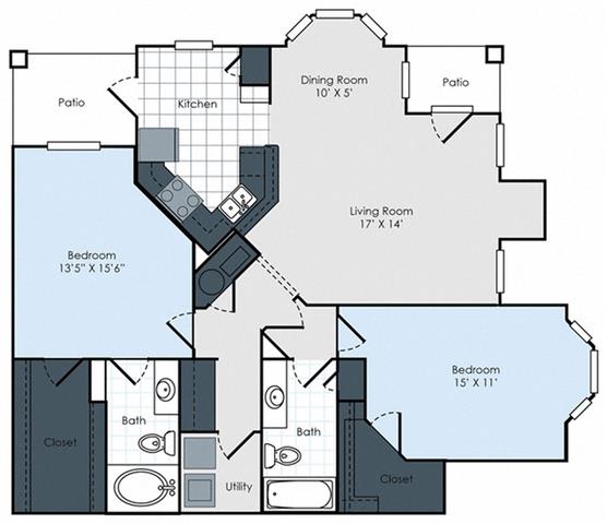 Floor Plan  2 bedroom 2 bath Floor Plan at Waterford Place Apartments, Memphis, 38125