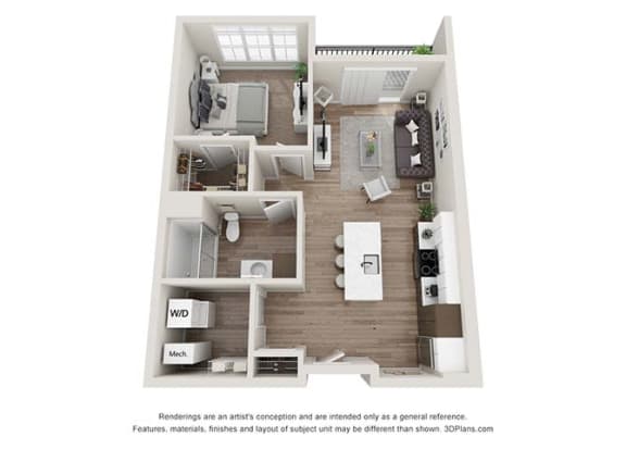 1 bedroom 1 bathroom A1 Floor Plan (Mirror)at Velo Village Apartments, Franklin, WI, 53132