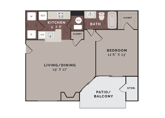 1 Bedroom 1 Bathroom B Floor Plan at Reflection Cove Apartments, Manchester, MO