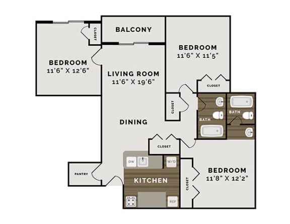 Floor Plan  3 Bed 2 Bath Floor Plan at Waterchase Apartments, Michigan, 49519