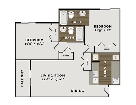 2 Bed 2 Bath Floor Plan at Waterchase Apartments, Wyoming