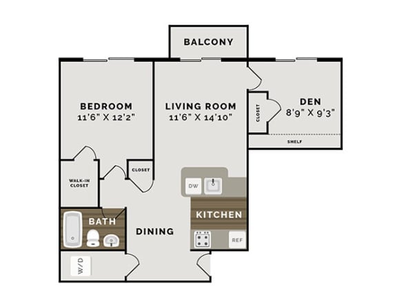 1 Bedroom 1 Bathroom Floor Plan at Waterchase Apartments, Wyoming, 49519