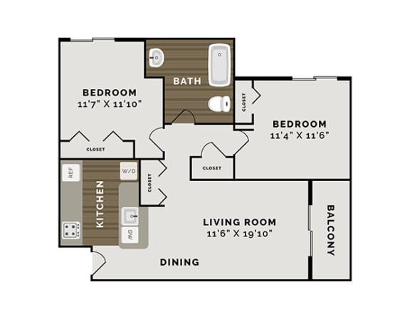 2 Bedroom 1 Bathroom Floor Plan at Waterchase Apartments, Wyoming, Michigan