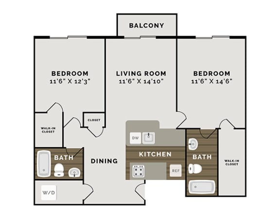 2 Bedroom 2 Bathroom Floor Plan at Waterchase Apartments, Michigan