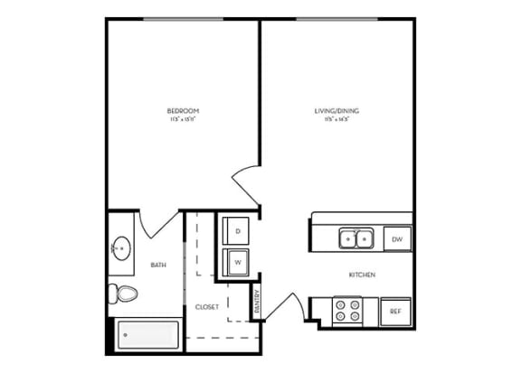 A33 - 1 bed 1 bath - 579 sq ft - floorplan layout