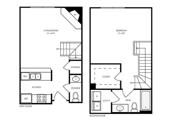 T2 - 1 bed 1 bath - 788 sq ft - floorplan layout