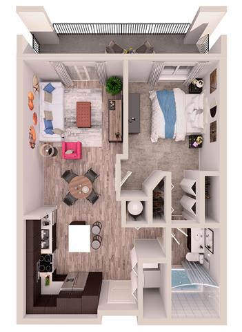 1 bedroom 1 bathroom A2 Floor Plan at South of Atlantic Luxury Apartments, Florida