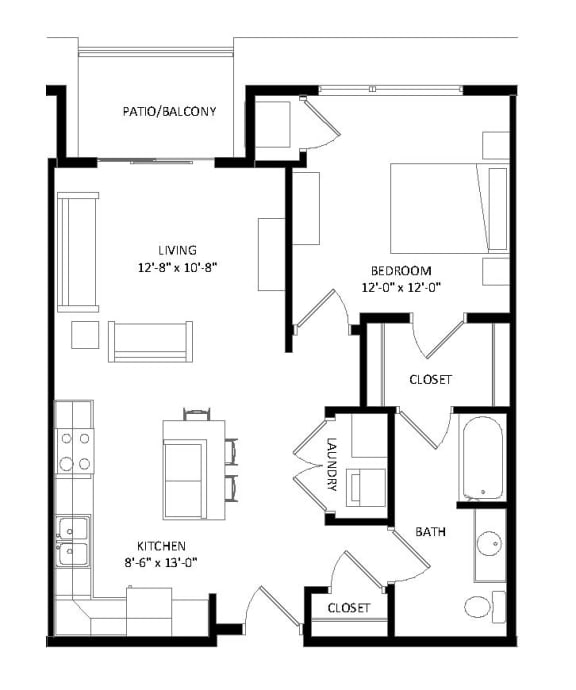 1 Bedroom A2 SIM Floor Plan at Two Points Crossing, Wisconsin, 53593