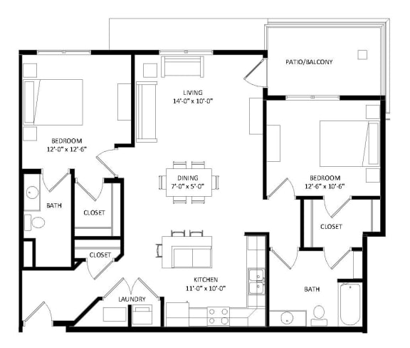 Floor Plan  2 Bedroom C SIM Floor Plan at Two Points Crossing, Madison