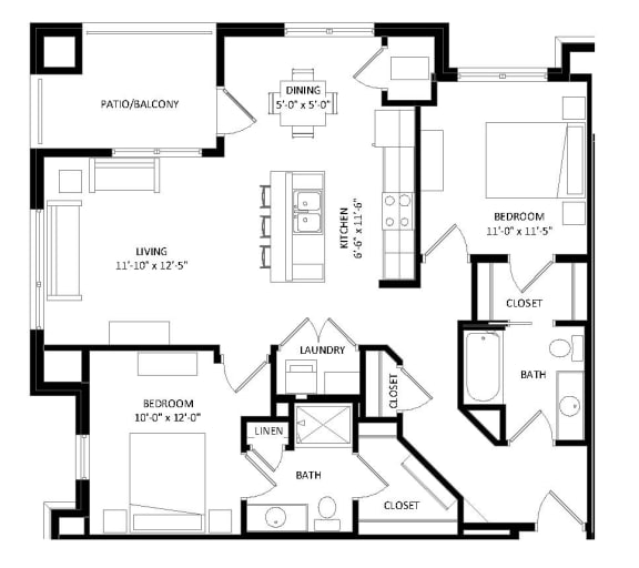 Floor Plan  2 Bedroom D Floor Plan at Two Points Crossing, Wisconsin, 53593
