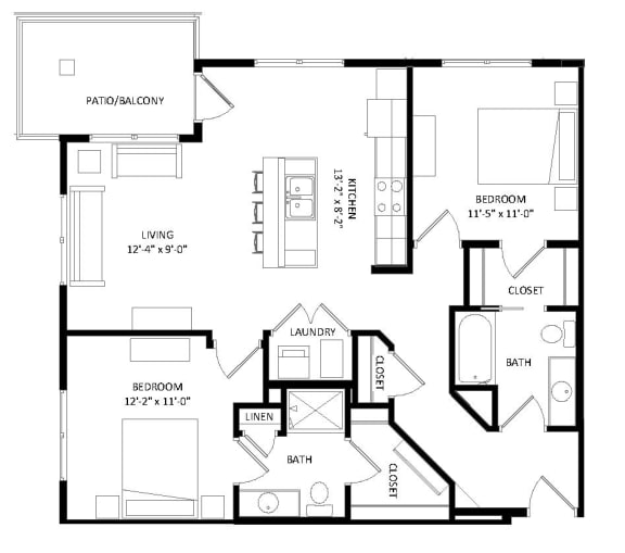 2 Bedroom D1 SIM Floor Plan at Two Points Crossing, Wisconsin, 53593