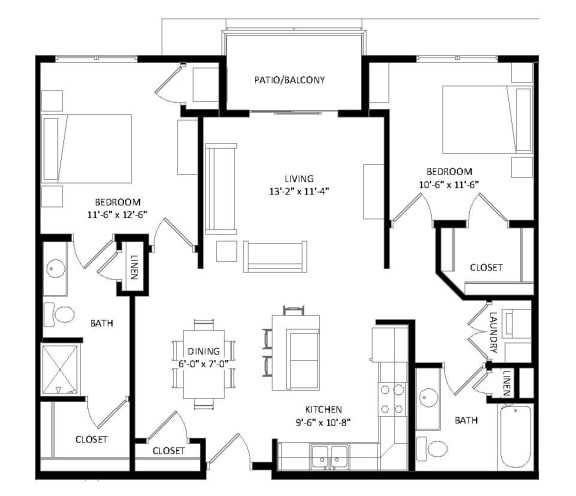 2 Bedroom F SIM Floor Plan at Two Points Crossing, Madison, 53593