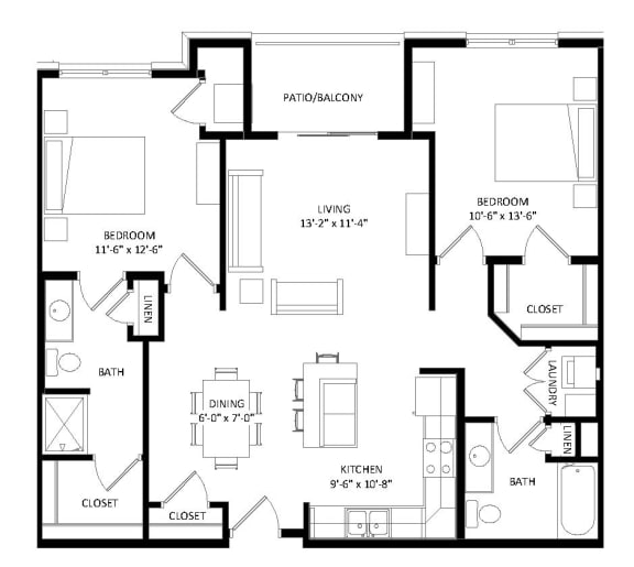 Floor Plan  2 Bedroom F Floor Plan at Two Points Crossing, Madison, 53593