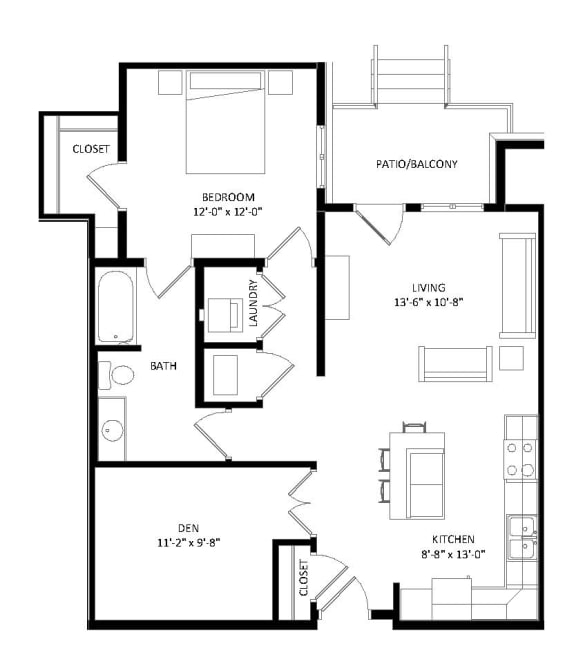 1 Bedroom  Den H Floor Plan Floor Plan at Two Points Crossing, Madison