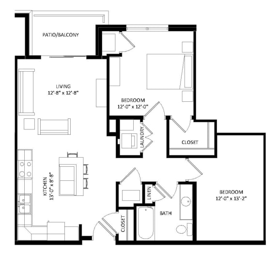 Floor Plan  1 Bedroom &#x2B; Den J1 Floor Plan at Two Points Crossing, Wisconsin, 53593