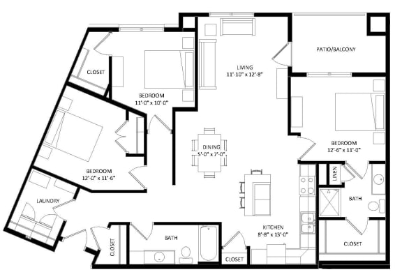 3 Bedroom L Floor Plan at Two Points Crossing, Madison, 53593