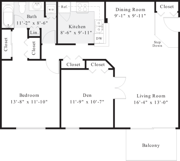 1 Bedroom 1 Bath with Den 1003 SqFt Floor Plan 1 Bedroom 1 Bath with Den 1003 SqFt