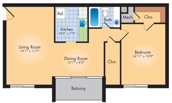 Floor Plan  1 Bedroom 1 Bath 785 SqFt