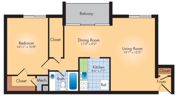  Floor Plan 1 Bedroom 1 Bath 913 SqFt Plan A