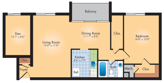  Floor Plan 1 Bedroom 1 Bath 913 SqFt Plan B