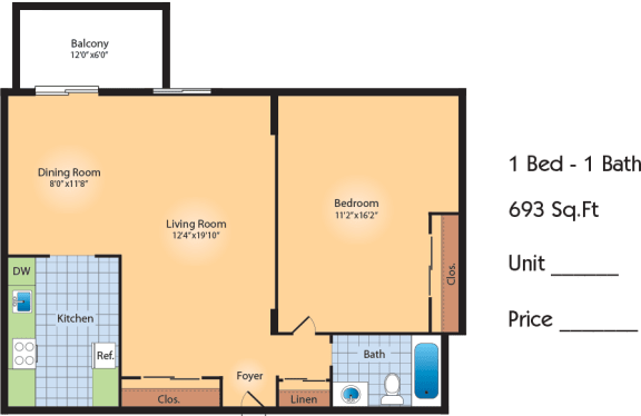 Floor Plan  1 Bedroom - 693 SqFt (Renovated)