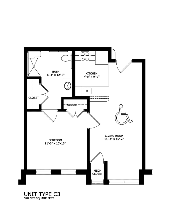 1 bedroom 1 bath Unit C3 floorplan-Legacy Senior Apartments Pittsburgh