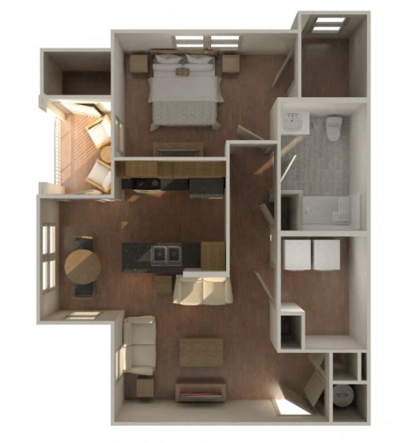 1 Bedroom 1 Bathroom Unit A1-Furnished 3D Floorplan-The Lofts at Southside, Durham, NC