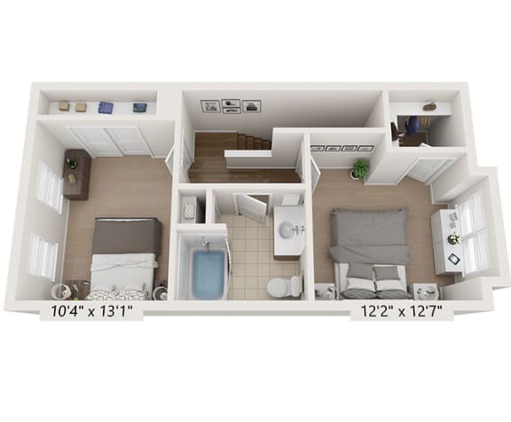 3D Floorplan of 2 Bedroom 2 Bathroom Garden apartment, Beecher Terrace Apartments, Louisville, KY